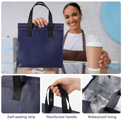 FoldTier 50 Pcs Insulated Take Away Bags Bulk Thermal Insulation Food for Coffee Milk Tea Hot Cold Food Fresh Seafood Cooler Pizza Delivery Bags for Catering Restaurant Grocery (Navy Blue)