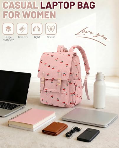 Image of Corduroy Laptop Backpack for Women, Fits 15.6 Inch Computer Bag, College Bookbag Travel Daypack Purse, Work Business Bags - Corduroy Cherry Pink