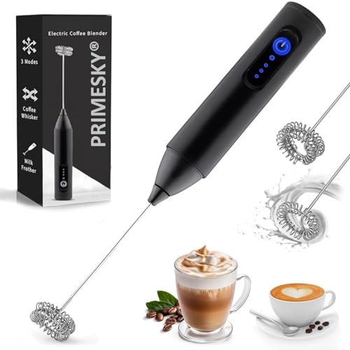 Primesky®Coffee Frother Electric Blender Wand 3 Speed Modes Rechargable Mini Handheld Milk Frother with Stainless Steel Whisk Drink Mixer for Coffee C