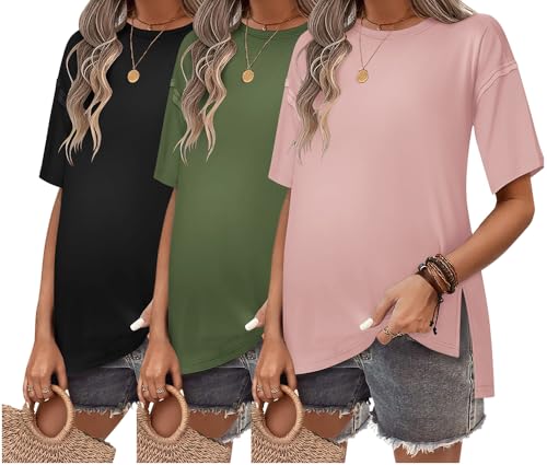 Ekouaer Maternity Shirts 3 Packs Short Sleeve Womens Oversized Pregnancy Tops Split Side Postpartum Blouse Clothes Black/Army Green/Dirty Pink M