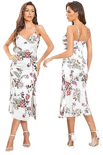 Image of Tsher Women's Sleeveless Spaghetti Strap Satin Wedding Guest Party Dress Cowl Neck Backless Midi Formal Dresses