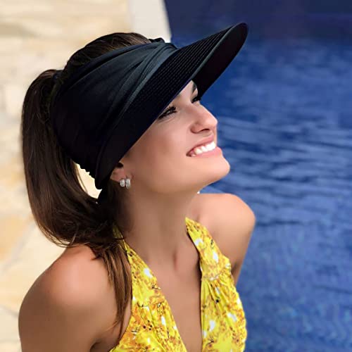 Chapéu com viseira de sol para mulheres, chapéus de praia de verão dobrável, aba larga, rabo de cava