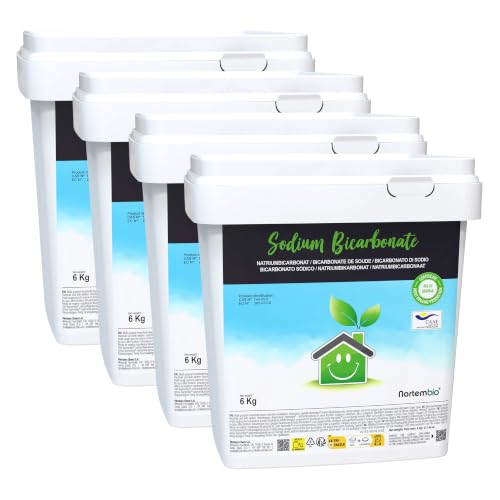 Nortembio Bicarbonato Sódico 4 x 6 kg Bicarbonato de Sodio Limpieza Sin Aluminio 100% Natural Hogar, Cocina, Baño, Quitamanchas. Incluye eBook con Consejos