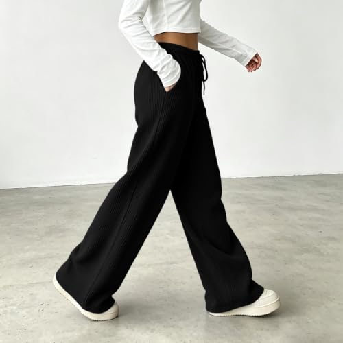 Womens Pinstripe Wide Leg Pants High Rise Elastic Waist Drawstring Trousers - image 5