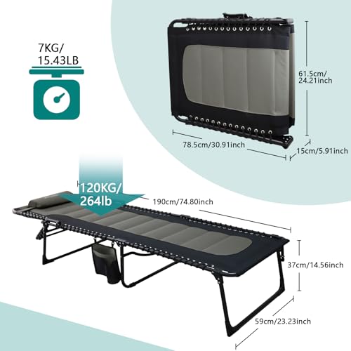 WKFAMOUT Outdoor Folding Lounge Chair Padded for Adults 264Ibs Patio Chaise Lounge Chair for Outside 5-Position Adjustable Reclining Beach Chair with Pillow Pocket