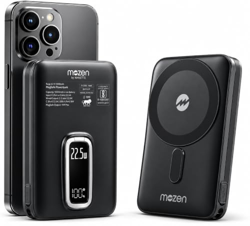 Image of Mozen Surge Air X1 (2-in-1) Wired+Wireless Power bank /MagSafe PowerBank 10000mAh Slim Design with Built-in Display,Stand&Cable, 22.5W Type-C Input /Output+18W USB-A,15W Qi Wireless for Android&iPhones.