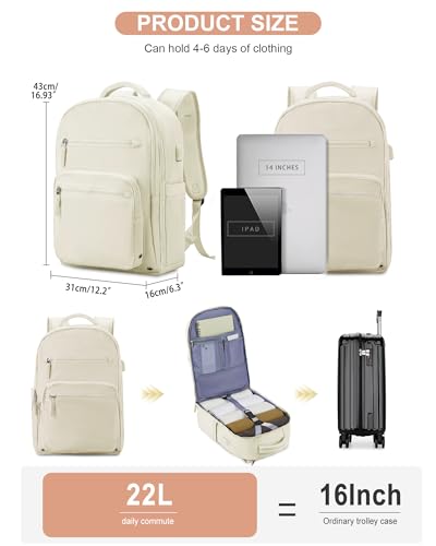 Image of Travel Carry on Backpack, Aesthetic Laptop Backpack Purse for Women Men Airline Approved, Waterproof Personal Item Size Backpack Casual Daypacks for College, Business with USB Charging Port, Beige