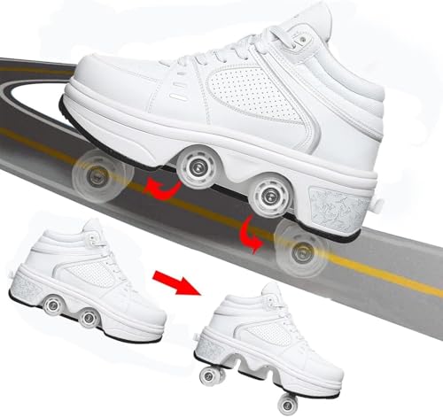 Double-Row Deform Wheel Automatic Walking Shoes Invisible Deformation Roller Skate 2 in 1 Removable Pulley Skates Skating Parkour (with Light, US 10.5)