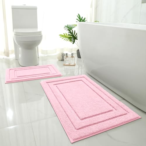 HOMEIDEAS Pink Bathroom Rug 2 Piece Super Soft Microfiber and Absorbent Shower Mat Machine Washable Bath Mats for Valentines Day Decorations 20 x 32 + 16 x 24