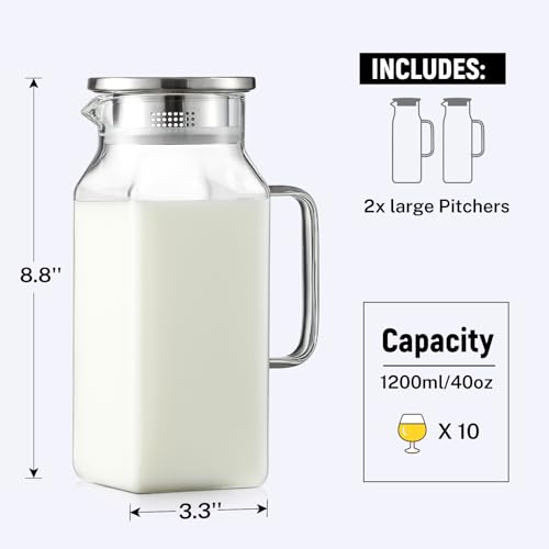 Netany 2 Pack 1.2 Liters/40 oz Small Square Glass Pitcher with Lid and Handle for Fridge, Iced Tea and Coffee Carafe Storage Container, Resistant to Hot and Cold Borosilicate Jug