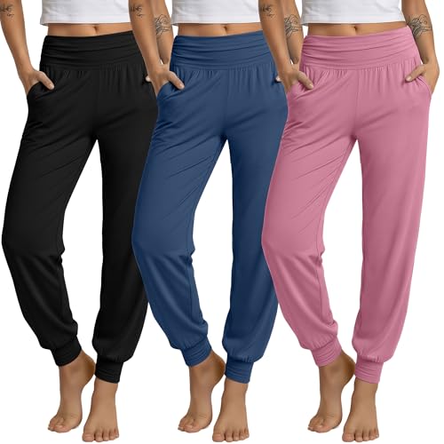 Ficerd 3 Pack Women's Lounge Pants, Cozy Yoga Joggers with Pockets High Waisted Workout Sweatpants Lightweight Comfy Pants