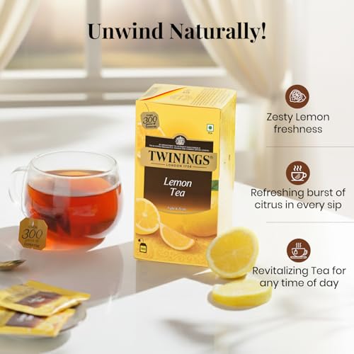 Image of Twinings Lemon Tea, 100 Tea Bags, Premium Black Tea With Lemon, Light Strength, Light & Zesty Flavour, Caffeine-Free, Made With Finest Ingredients, Enjoy a Hot Cup of Tea