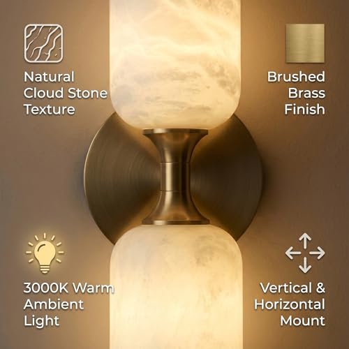 Image of Alabaster Wall Sconces, 14 inch Modern Spanish Natural Marble Vanity Light, Dimmable Hardwired Brass Gold Wall Sconce Lighting for Bathroom Mirror, Bedroom, Living Room, Luxury Stone Wall Fixtures (1 Pcs)