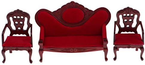 EatingBiting 1:12 Miniature Living Room Furniture Vintage Red Wooden Sofa Armchair Couch Table 3pcs Set Sofa + 2 Chairs