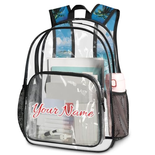 Personalized Large Clear Backpack Stadium Approved Heavy Duty PVC Plastic Custom Transparent Backpacks See Through Bag with Name, Tropical Beach Hawaiian Palm Trees