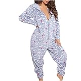 Hooded Jumpsuit for Women Zipper Front Love Hearts Print Soft Short Plush Onesie Long Johns Indoor Night Gown