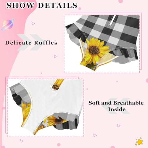 Girls One Piece Swimsuits Long Sleeve Swimsuit Zipper Bathing Suits Yellow Sunflower on Black and White Lattice4