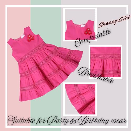 Image of Soft Cotton Lace Work Knee Length Fit & Flare Dress for Kids & Girls, Flower Embellished Frock for Casual & Special Occasion