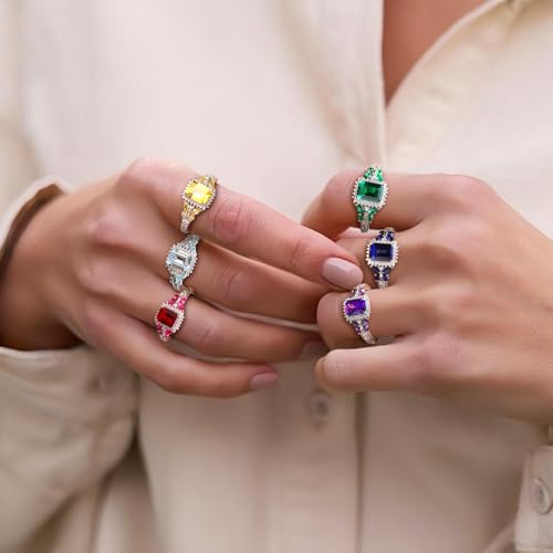 Butterfly Rings for Women, 925 Sterling Silver 3-4 Carat Birthstone Halo Ring Amethyst/Emerald/Blue Sapphire/Ruby Promise Ring Emerald Cut Engagement Rings for Her,Lovers Birthday Valentines Gift2