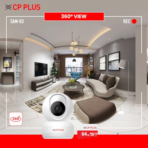 CP PLUS 3MP Full HD Smart Wi-Fi CCTV Home Security Camera | 360° with Pan Tilt | 2 Way Talk | Motion Alert | Night Vision | 64GB Card SD Card in Box (Up to 128 GB) | Alexa & Google Support | CP-E36AM CP PLUS 3MP Full HD Smart Wi-Fi CCTV Home Security Camera | 360° with Pan Tilt | 2 Way Talk | Motion Alert | Night Vision | 64GB Card SD Card in Box (Up to 128 GB) | Alexa & Google Support | CP-E36AM