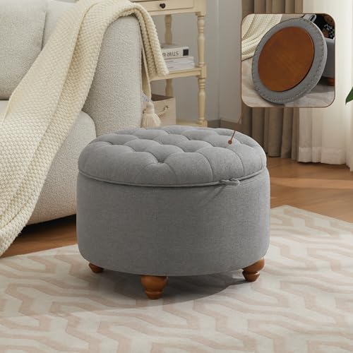 WUTUTUEE 24Inch Round Storage Ottoman with Tray, Modern Tufted Fabric Circle Coffee Table with Storage, Upholstered Ottoman with Removable Top for Living Room, Bedroom, Light Grey