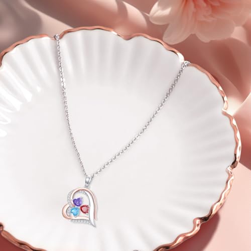 MRENITE Personalized 10k 14k 18k Solid Gold Mother Birthstone Necklace – Two Tones Rose Gold and White Gold Custom 1-6 Names Heart Birthstone Necklace- Gift for Mother Family Number3