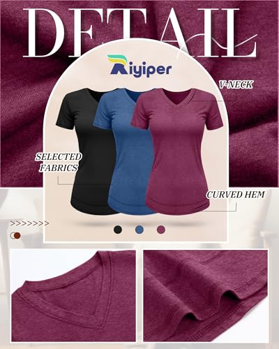 Riyiper 3 Pack Women's V Neck T Shirts Flowy Loose Fit Top Casual Summer Curved Hem Tee3