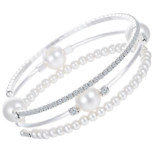 Pearl Bracelets for Women Silver Silver Stretch Bracelets for Women Stackable，Three Layer Bracelet with Pearls and Rhinestones Exquisite Jewelry Decoration