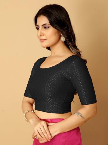 Amazon Brand - Anarva Round Neck Dobby Cotton Lycra Stretchable Elbow Half Sleeve Readymade Saree Blouse for Women Stylish