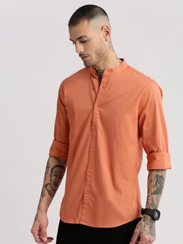 Image of SHOWOFFFF Men Solid Casual Shirt | Mandarin Collar Full Sleeves Cotton Shirt for Mens | Slim Fit Regular Length Shirt for Men's