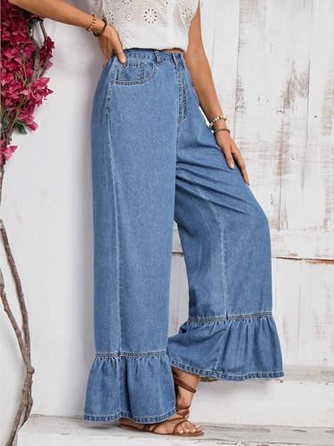 jeans for women trendy Solid Color Denim Pants With Ruffle Hem And Pockets For Casual Wear2