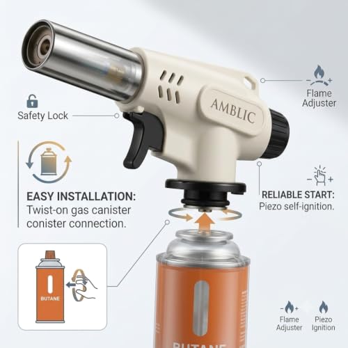 Image of Professional Kitchen Butane Torch Lighter, Refillable Blow Torch for Cooking, Adjustable Flame Creme Brulee Torch, Reverse Use for BBQ, Baking, Soldering & Camping (Butane Gas Not Included)