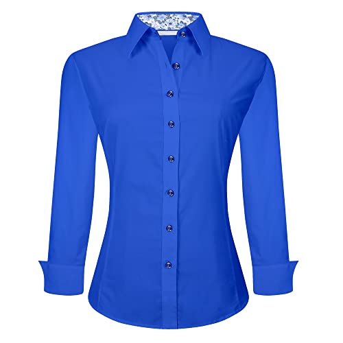 SAMERM Camisa elástica de algodón para mujer con botones y ajuste regular de manga larga para trabajo de oficina (S-2XL), Azul / Patchwork, X-Large