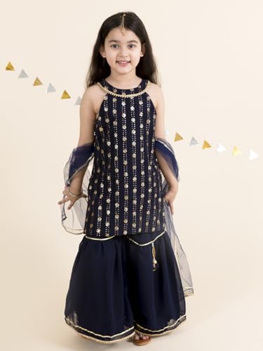 Pspeaches Girl's Polyester Kurta & Sharara (Sha-Navyblueseq-5_Navy