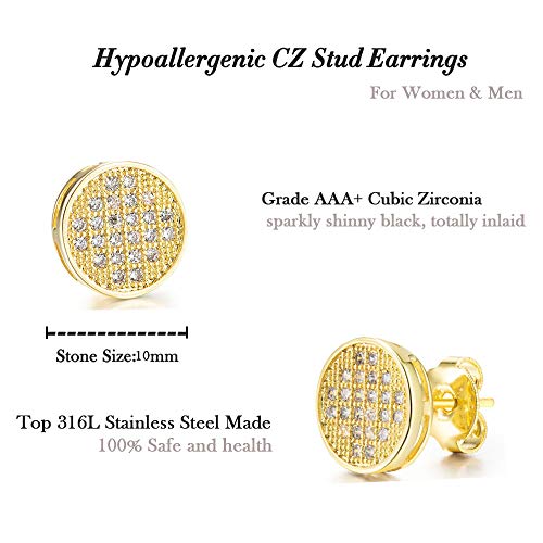 Tarsus Round Large Stud Earrings For Men Women, 18K Gold Plated 10Mm #TOP4