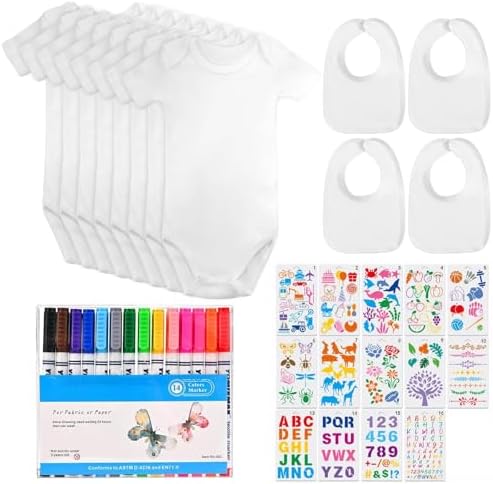 Rilcn 12 Stück Baby Lätzchen zum Bemalen Set – 8 Baumwoll Bodys Kurzarm & 4 Doppellagige Lätzchen, 14 Textilstifte & Vorlagen für Babyparty Spiele, DIY Babyshower Deko, Gender Reve