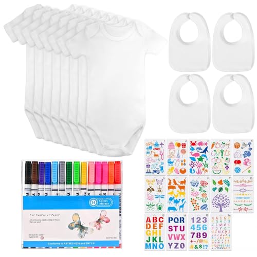 Rilcn 12 Stück Baby Lätzchen zum Bemalen Set – 8 Baumwoll Bodys Kurzarm & 4 Doppellagige Lätzchen, 14 Textilstifte & Vorlagen für Babyparty Spiele, DIY Babyshower Deko, Gender Reveal