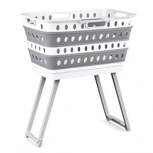Collapsible Laundry Basket with Wheels & Folding Legs – 13.5 Gallon (51L) Large Foldable Pop-Up Clothes Hamper, Ergonomic Elevated Height, BPA-Free, Space Saving for Home & Dorm (Grey/White)