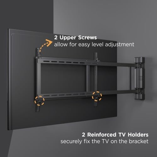 Close-up of the TV mount showing two upper screws for level adjustment and two reinforced TV holders for secure TV attachment.