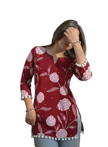 Image of SAICHA Women's Cotton Printed Short Kurti with Pom Pom, Red Floral Pattern