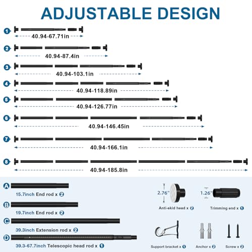 Image of AIZESI 41-182 Inch Heavy Duty Black Tension Curtain Rod - No Drilling, Adjustable, Rust-Proof for Outdoor, Living Room, Bathroom