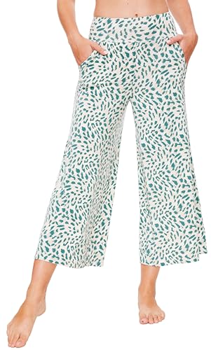 Image of GYS Bamboo Viscose Wide Leg Capri Pants for Women, Ultra-Soft Pajama Bottom | Lightweight Culottes Cropped Lounge Pants, Flowy Yoga Pants, High Waist PJ Bottoms, Knitted Ladies Gaucho Pants
