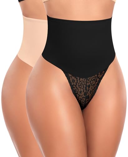 Image of Werena Tummy Control Thong Shapewear for Women High Waist Body Shaper Panties Girdle Lace Shaping Underwear