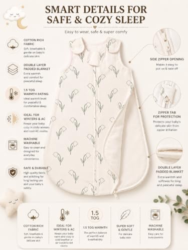 Image of TuddyBuddy Baby Cotton Wearable Quilted Sleeping Bag Blanket 1.5 Tog with 1 Way Zipper Closure | Ideal for Babies & Kids Hypoallergenic Fabrics | (Green Tulips AOP - Beige, 6-12 Months)