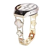 Chinmumu for Samsung Galaxy Watch 7 6 5 4 FE Band 40mm 44mm, 20mm Watch Band,Four Leaf Clover Women Bling Diamond Band for Watch 6/4 Classic 5 Pro Active 2 43mm 47mm 42mm 46mm (gold/white)