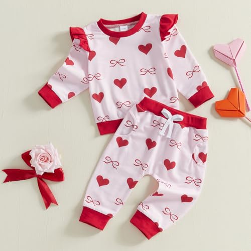 DuAnyozu Baby Girl Valentines Outfit Winter Clothes Heart Print Long Sleeve Sweatshirts Pants Toddler Infant Clothing3