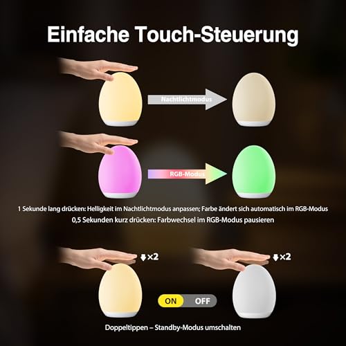 Nachtlicht Kinder, Stilllicht Baby mit 8 Farbwechselmodi und Dimmfunktion, Touch-Steuerung und Timer-Einstellung, Baby-Eierlampe zum Stillen, Nachttischlampe – Bild 5
