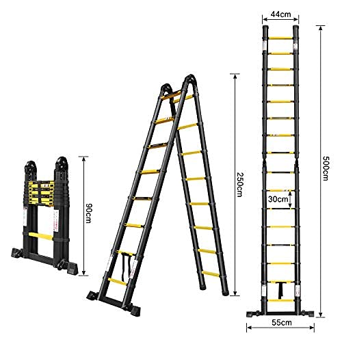 LARS360 Telescopic Ladder, Multifunctional, 4.4 m, Black, Extendable, 15 Steps, Made of High Quality Aluminium, Maximum Load 150 kg