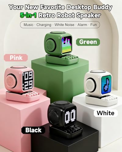 Image of Retro Robot 5-in-1 Bluetooth Speaker: 15W Wireless Charger, Pixel LED Screen, 10W Stereo Sound & 15 White Noise, Alarm Clock, Cute Portable Wireless Speaker for Bedroom Desk Office, Birthday Gifts