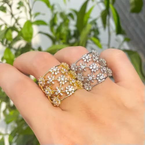 Yellow Gold Plated CZ Flower Hollow Out Wide Bridal Engagement Ring for Brides3